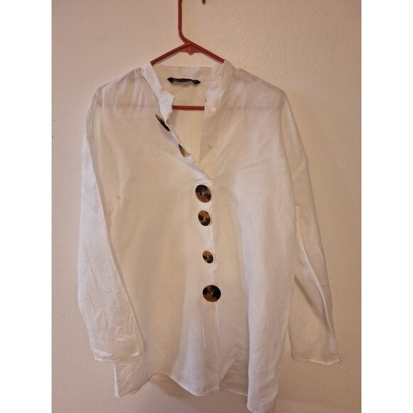 ZARA Sz S Sm Women White Linen Shirt Long Sleeve Buttons Beach Vacation Light - Picture 1 of 5